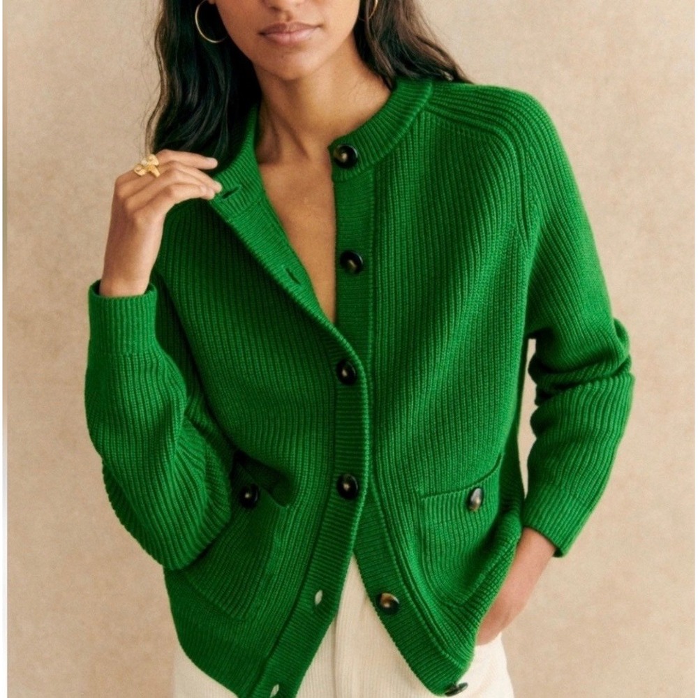 Sézane Madeline Green Merino Wool Cotton Cardigan Sweater Size L NWOT